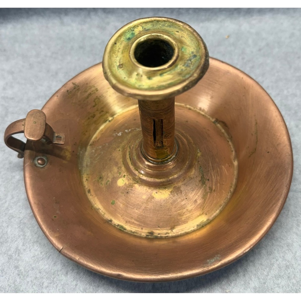 Antique Copper Chamberstick Candle Holder with Push Up Mechanism and Finger Loop - Picture 11 of 13